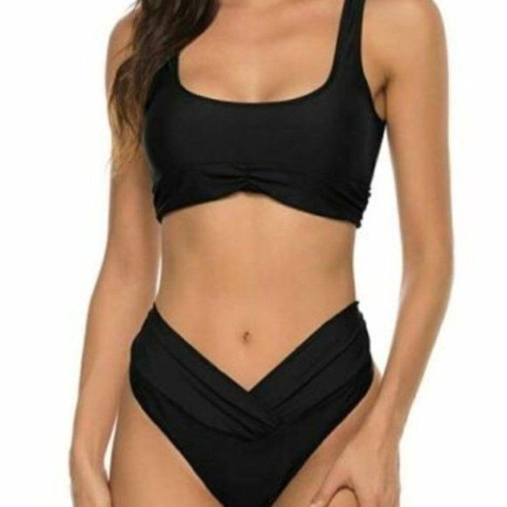 Vimpunec Womens Black Sleeveless Wide Strap Scoop Neck Swimsuit Bikini Top Small